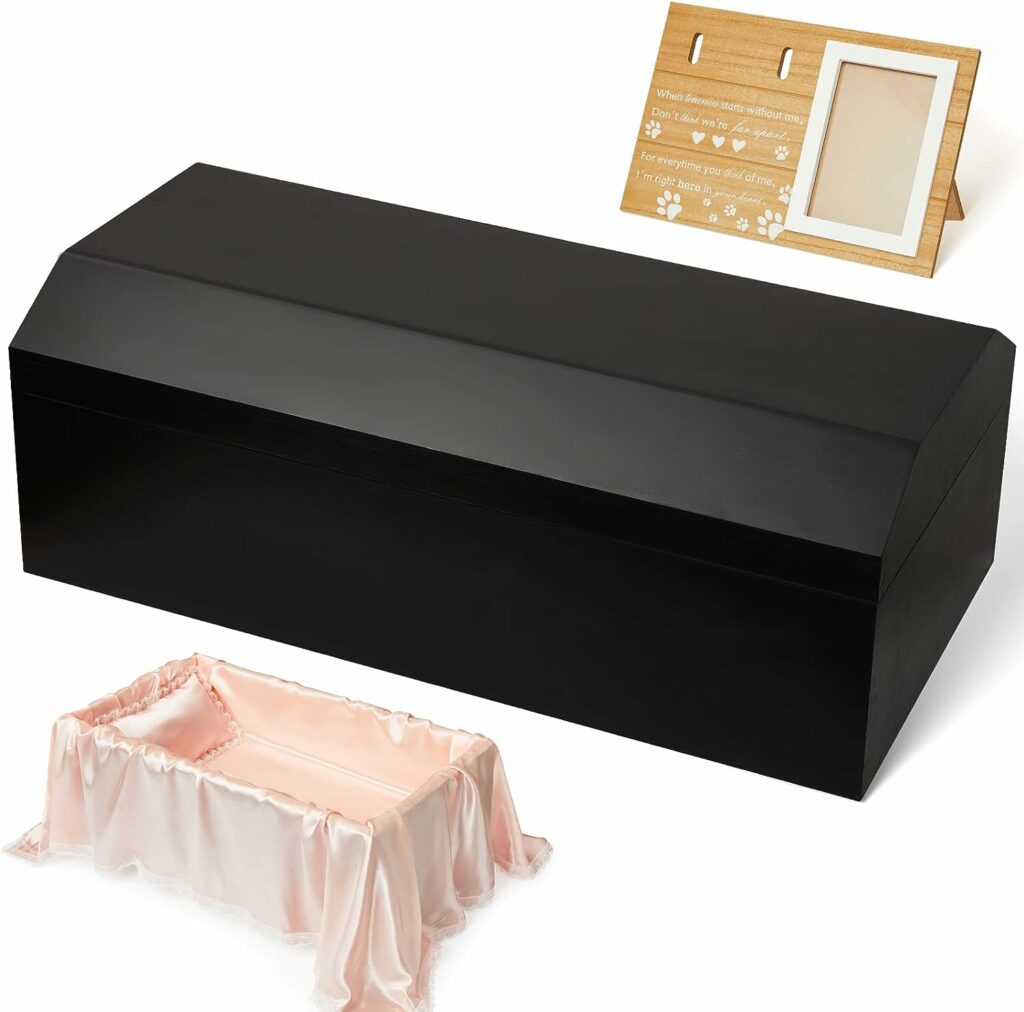 Pet Casket Wood Black Pet Loss Coffin with Memorial Picture Frame, Lace Pillow and Lace Blanket, Pet Memorial Gifts Pet Memorial Box for Dogs, Cats, and Animals Loss Gifts, 26 x 15 x 9 Inch