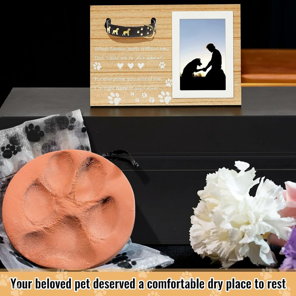 Pet Casket Wood Black Pet Loss Coffin with Memorial Picture Frame, Lace Pillow and Lace Blanket, Pet Memorial Gifts Pet Memorial Box for Dogs, Cats, and Animals Loss Gifts, 26 x 15 x 9 Inch