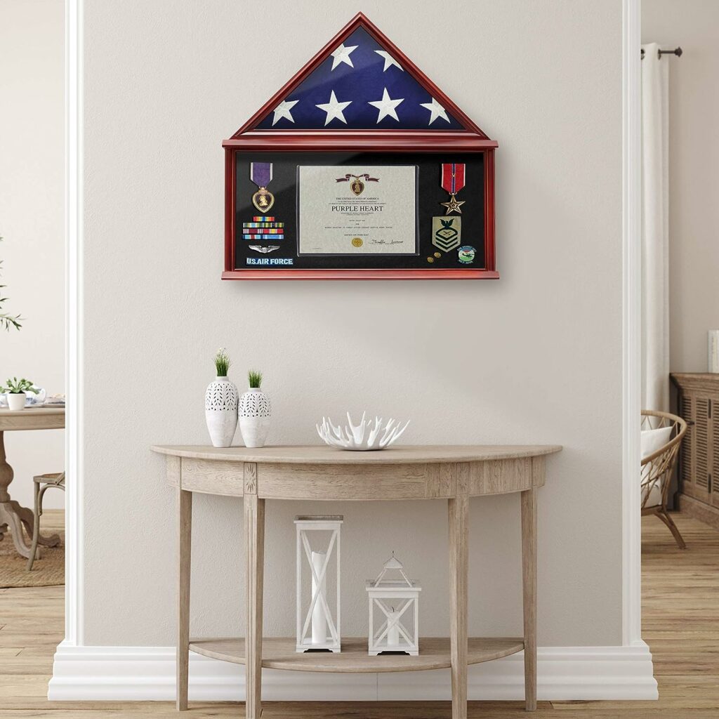 Reminded Large Military Shadow Box Memorial Flag Display Case fits 5 x 9 Flag, Solid Wood Mahogany Finish