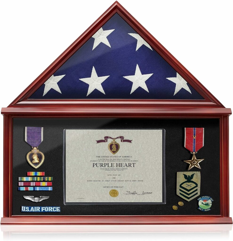 Reminded Large Military Shadow Box Memorial Flag Display Case fits 5 x 9 Flag, Solid Wood Mahogany Finish