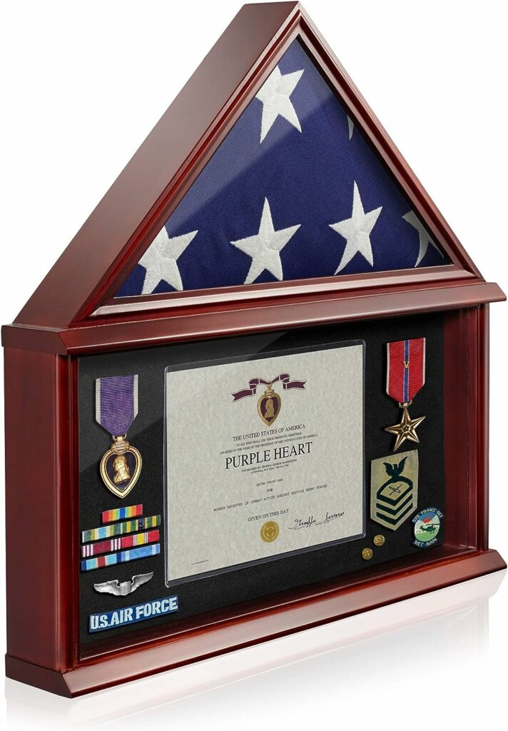 Reminded Large Military Shadow Box Memorial Flag Display Case fits 5 x 9 Flag, Solid Wood Mahogany Finish