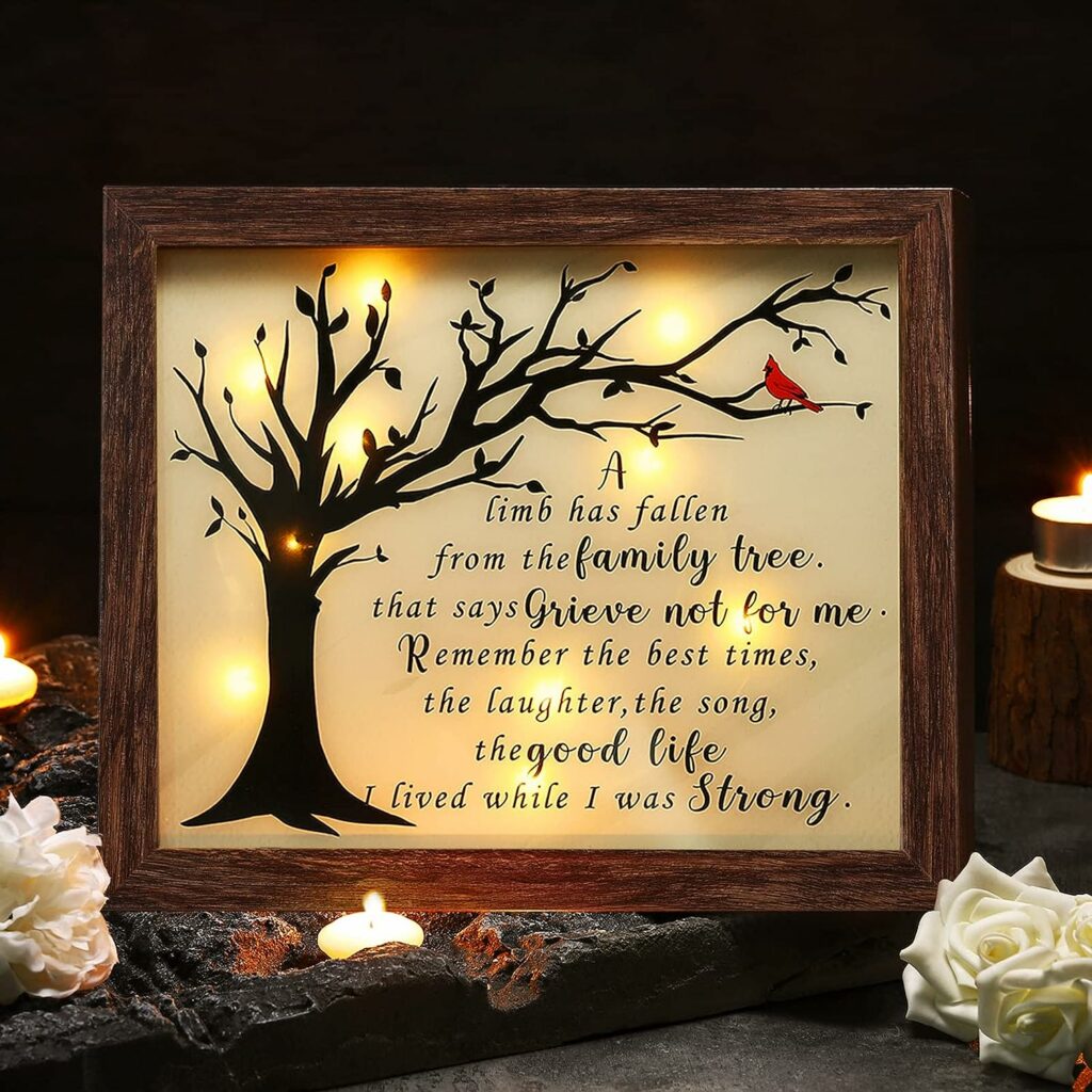 Sympathy Gifts Red Cardinal Memorial Bereavement Gifts LED Memorial Gifts for Loss of Love One Wooden Shadow Box 10 x 8 in Poem and LED Light for Funeral Bereavement (Classic Style)