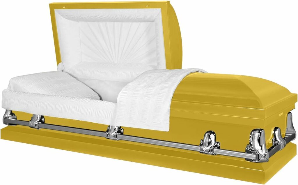 Titan Casket Orion Series Steel Casket (Bright Yellow) Handcrafted Funeral Casket - Bright Yellow Finish with White Crepe Interior