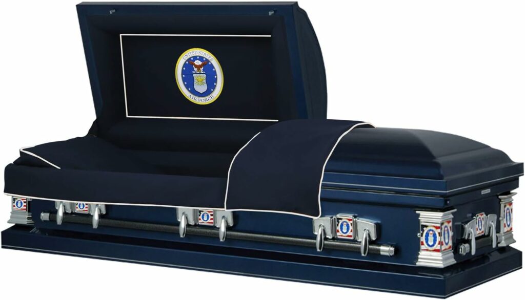 Titan Casket Veteran Select Steel Casket (Air Force) Handcrafted Funeral Casket - Dark Blue with Dark Blue, Silver-Lined Interior  Air Force Head Panel