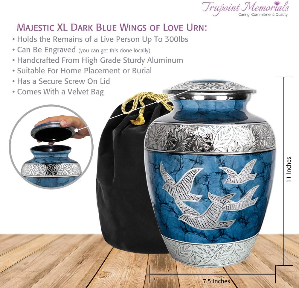 Trupoint Memorials Cremation Urns for Human Ashes - Decorative Urns, Urns for Human Ashes Female  Male, Urns for Ashes Adult Female, Funeral Urns - Dark Blue, Extra Large