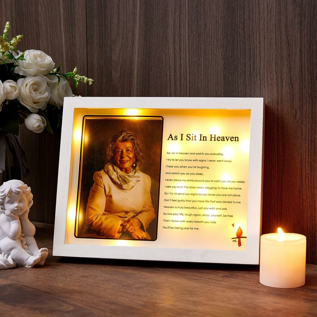 WOODEXPE Sympathy Gift LED Memorial Shadow Box Memorial Picture Frame for Loss of Loved One 4x6 Photo (As I Sit in Heaven White)