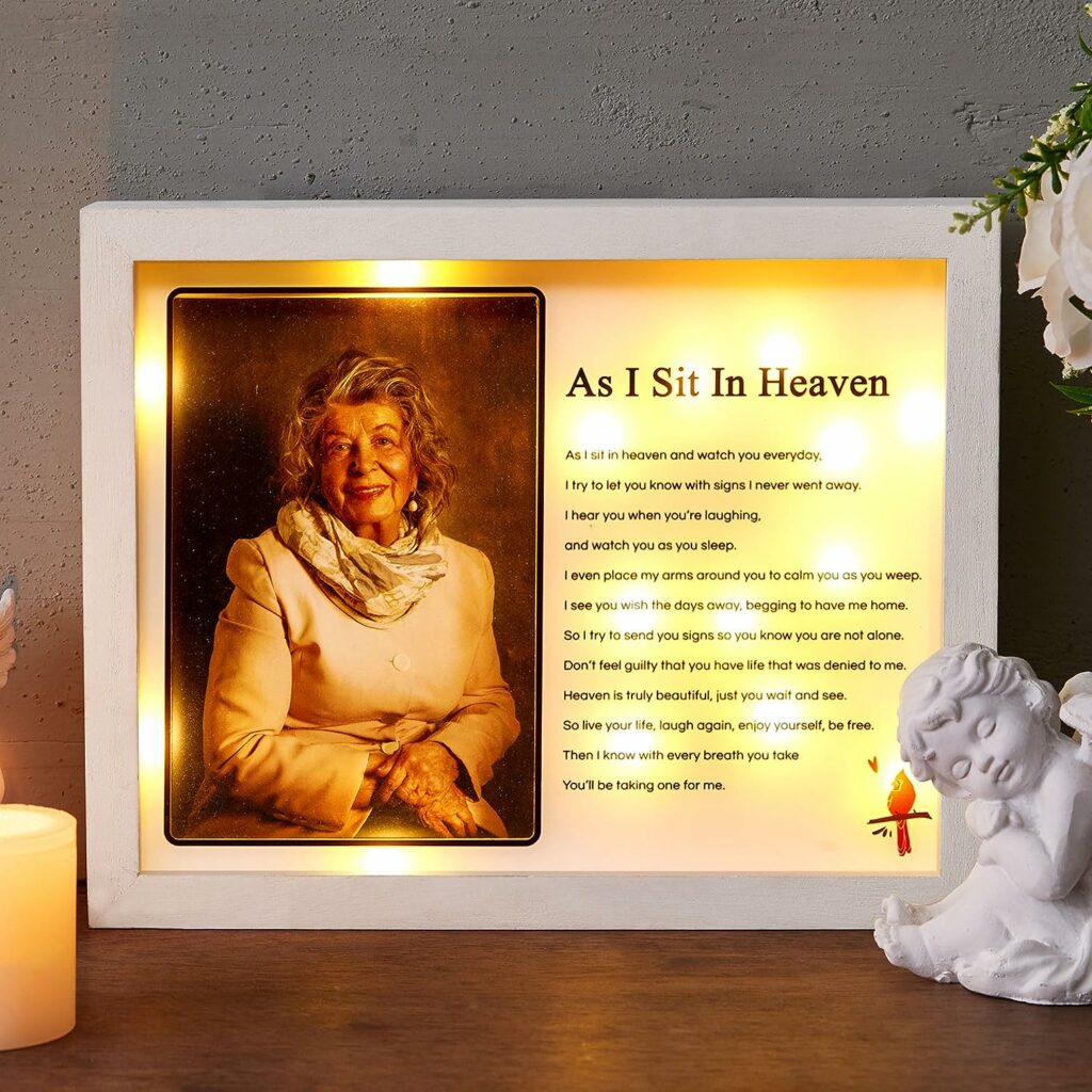 WOODEXPE Sympathy Gift LED Memorial Shadow Box Memorial Picture Frame for Loss of Loved One 4x6 Photo (As I Sit in Heaven White)