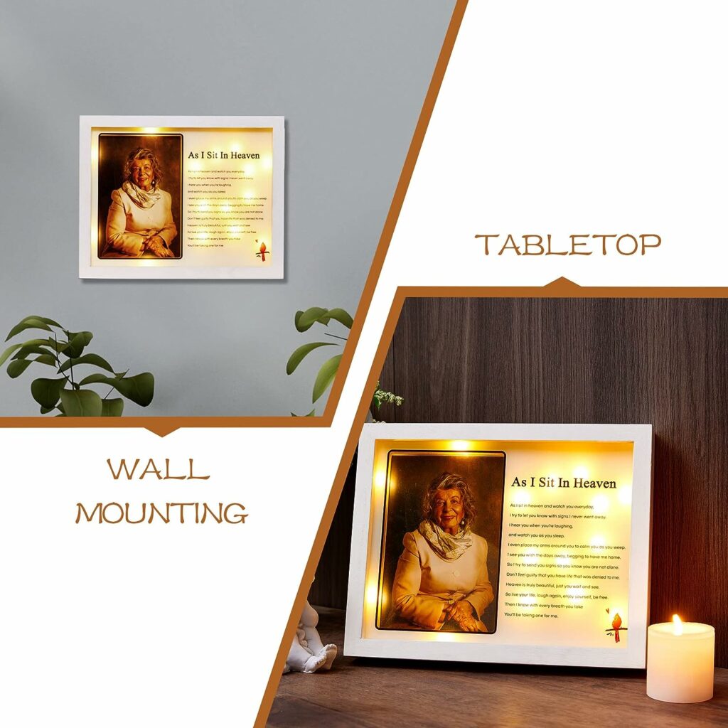 WOODEXPE Sympathy Gift LED Memorial Shadow Box Memorial Picture Frame for Loss of Loved One 4x6 Photo (As I Sit in Heaven White)